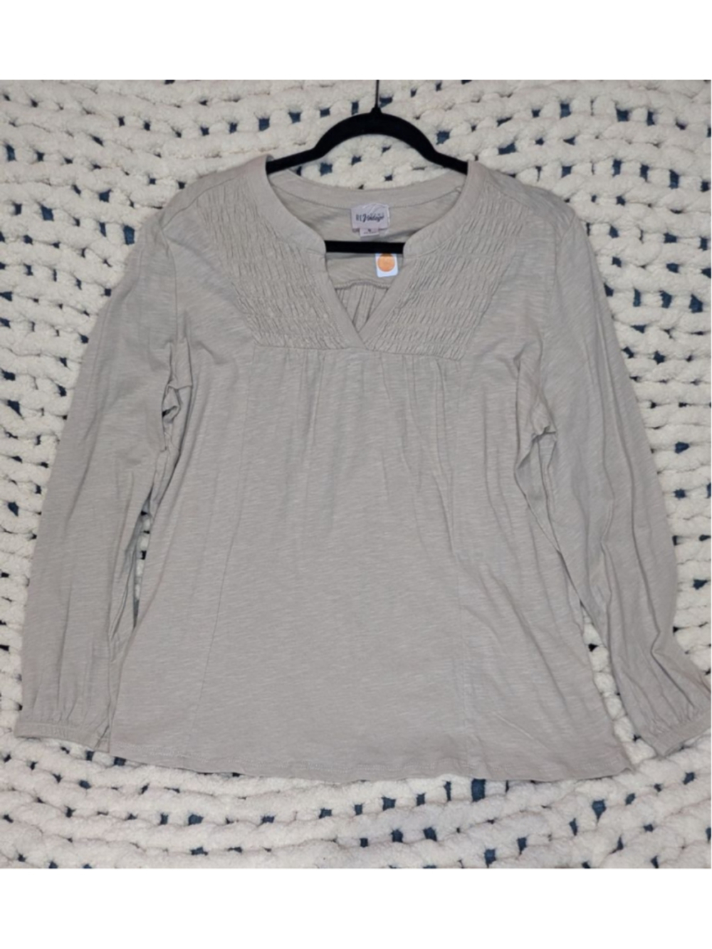 RE:Vintage Women's Long Sleeve Smocked Yoke Blouse Beige Boho Top Size Medium
